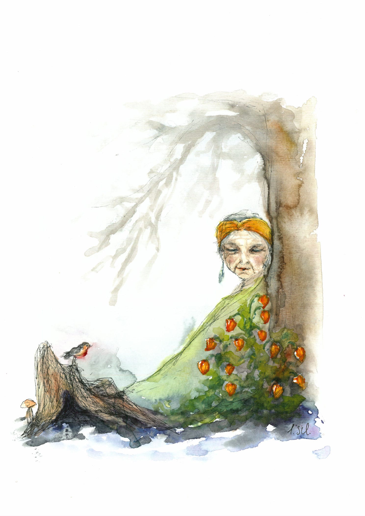 Novemberblüte - Aquarell - alte Frau lehnt an Baum.